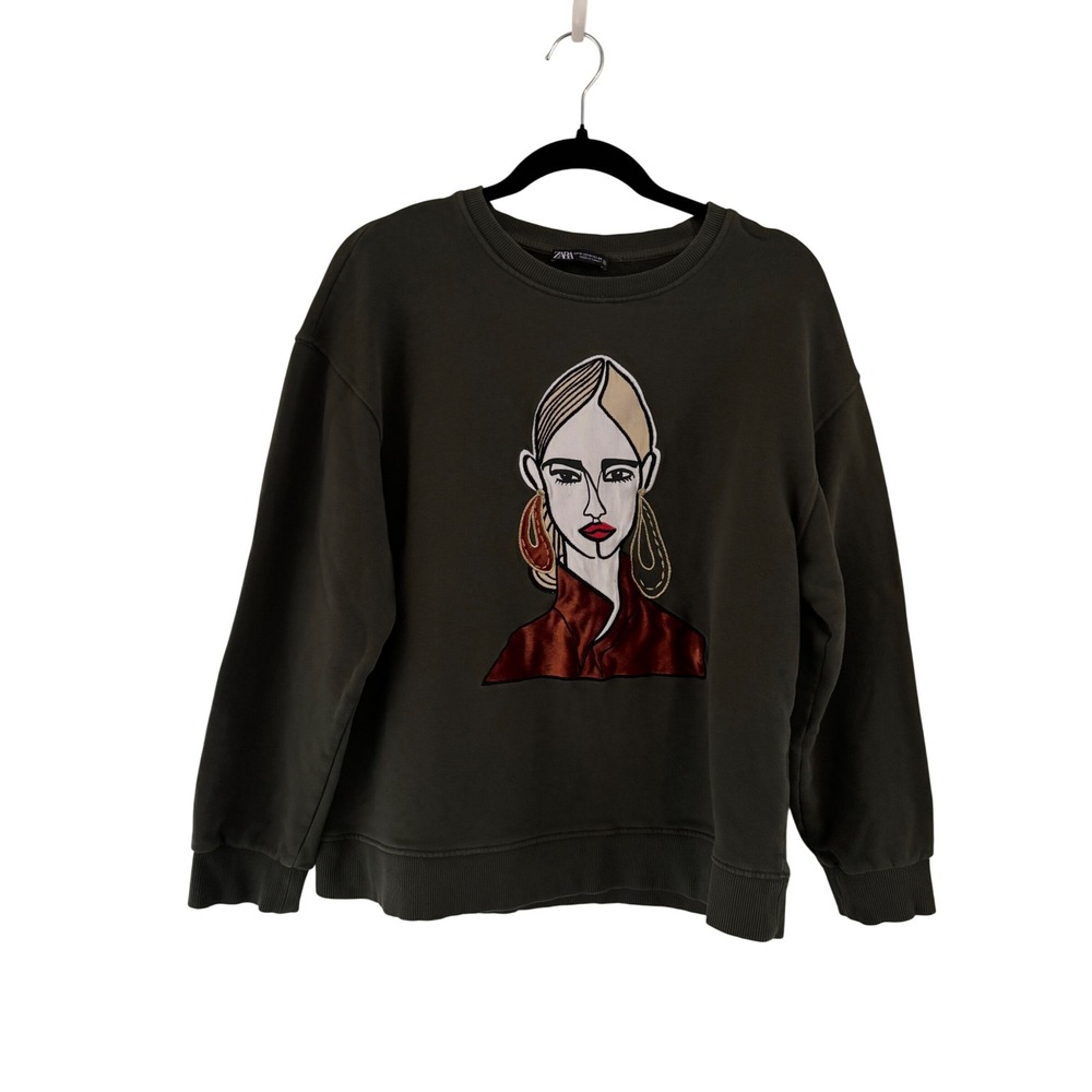 Zara Women Dark Olive Green Embroidered Graphic Face Sweatshirt Size Medium